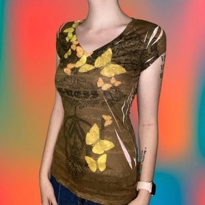 Y2k brown butterfly Guess tee women’s size medium